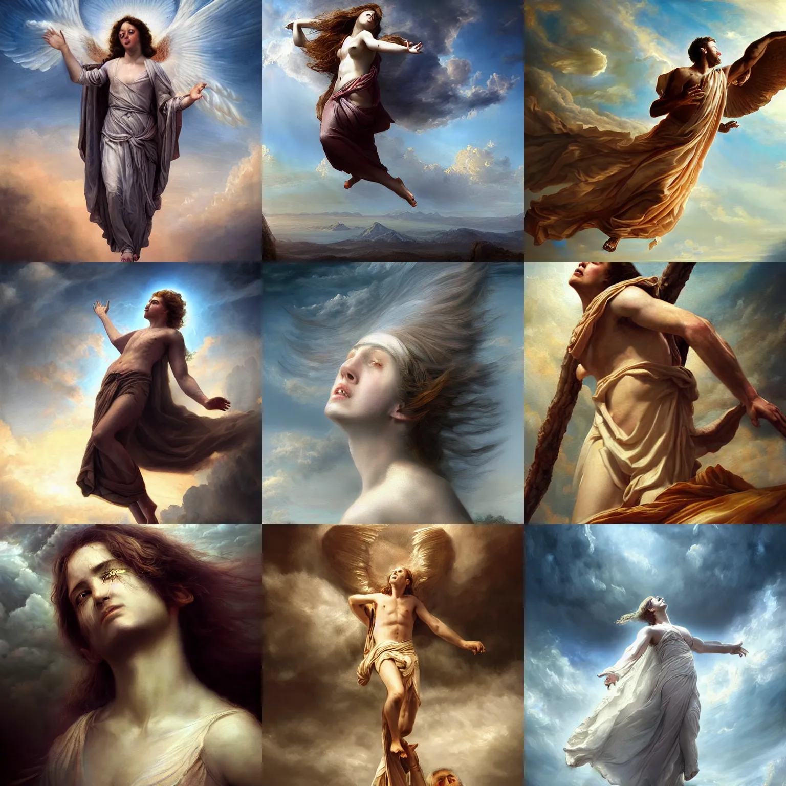 Prompt: a soul ascending to Heaven, realistic painting, classical painting, high definition, digital art, matte painting, very detailed, realistic