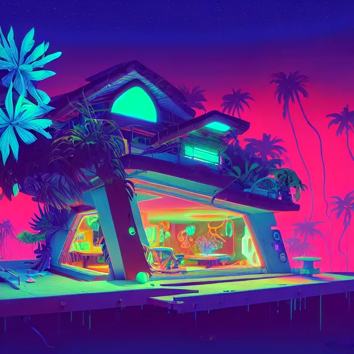 Image similar to a bioluminescent neon tropical cottage by paolo eleuteri serpieri and tomer hanuka and chesley bonestell and daniel merriam and tomokazu matsuyama, unreal engine, high resolution render, featured on artstation, octane, 8 k, highly intricate details, vivid colors, vector illustration