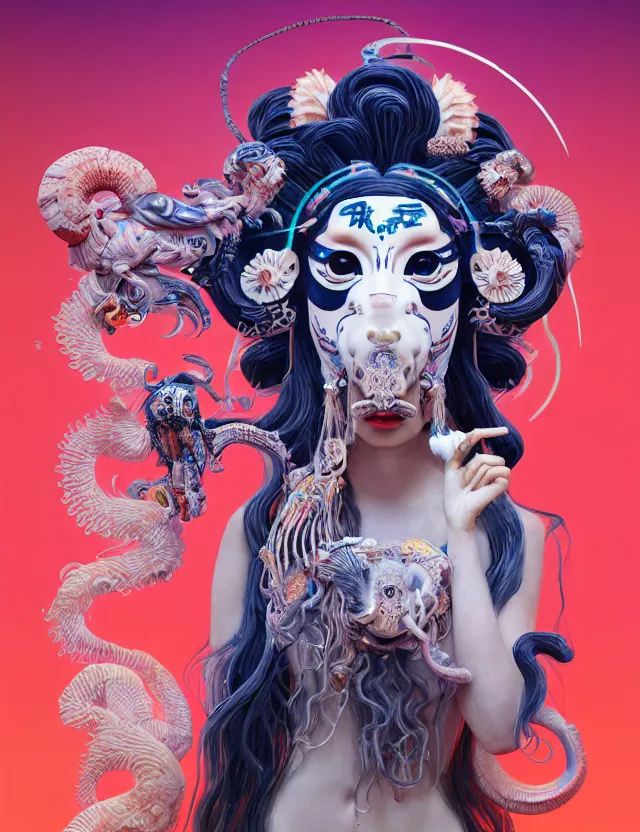 Image similar to 3 d slvic goddess half - turn portrait with long hair with ram skull. beautiful intricately detailed japanese crow kitsune mask and clasical japanese kimono. betta fish, jellyfish phoenix, bio luminescent, plasma, ice, water, wind, creature, artwork by tooth wu and wlop and beeple and greg rutkowski