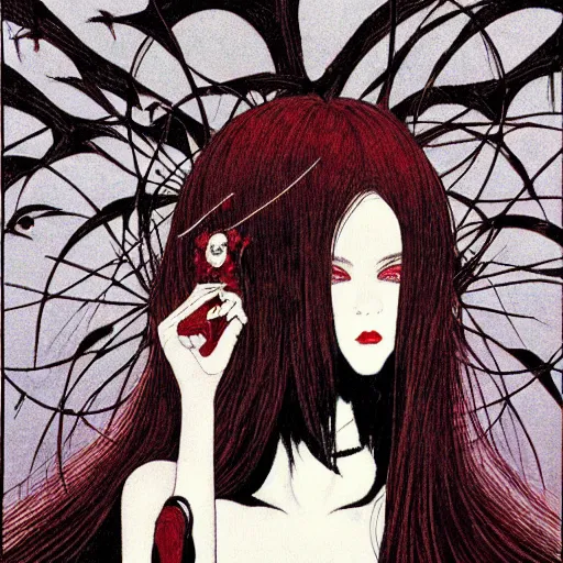 Image similar to beautiful vampire goth woman with red eyes surrounded by ghosts and shadows in a hallway of mirrors, Takato Yamamoto, award winning illustration, character concept