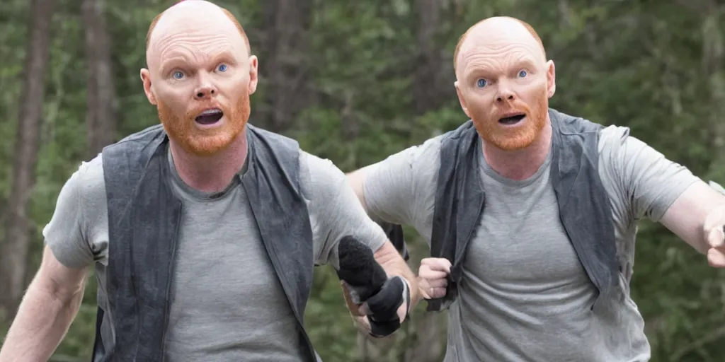 Prompt: a film still of Bill burr in running with wolves, high quality