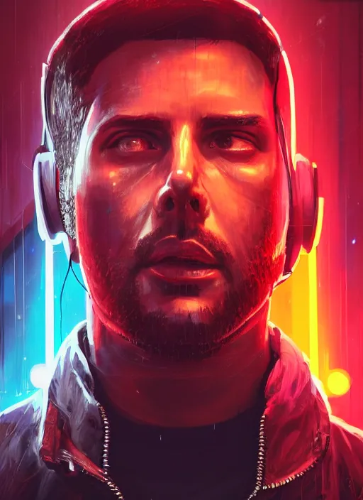 Image similar to cyberpunk character wearing jumpsuit and red jacket and cyberpunk headset. ( blade runner 2 0 4 9, dystopian, cyberpunk 2 0 7 7 character design ). attractive face. portrait by james gurney and laurie greasley, oil on canvas. cinematic, hyper realism, realistic proportions, full view, dramatic lighting, high detail 4 k