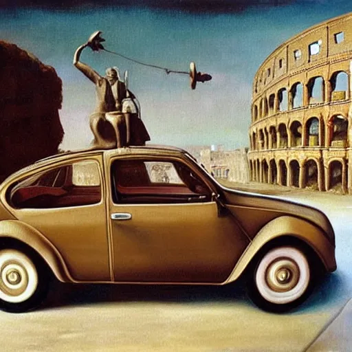 Prompt: Old FIAT 600 Classic Car carrying Julius Cesar, Roman Empire parade, hyper realistic painting by Salvador Dali