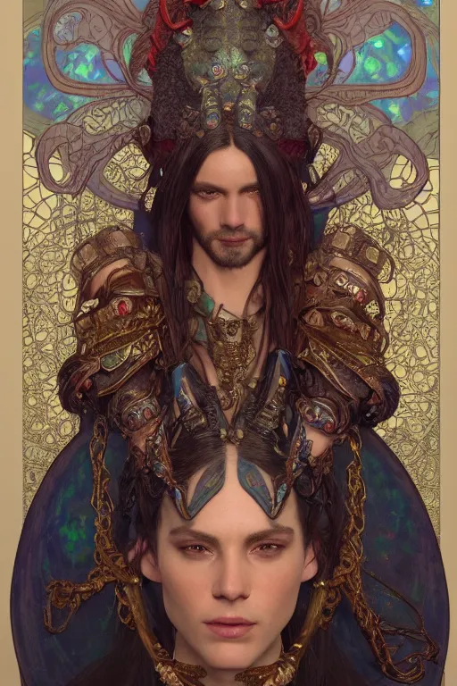 Prompt: 3 / 4 portrait, beautiful, man with scales on arms and face, a pair of horns, in opal armor, fantasy, red intricate long braids, ornate jewelry, by greg rutkowski, alphonse mucha, very detailed, 8 k, unreal engine 5, cinematic