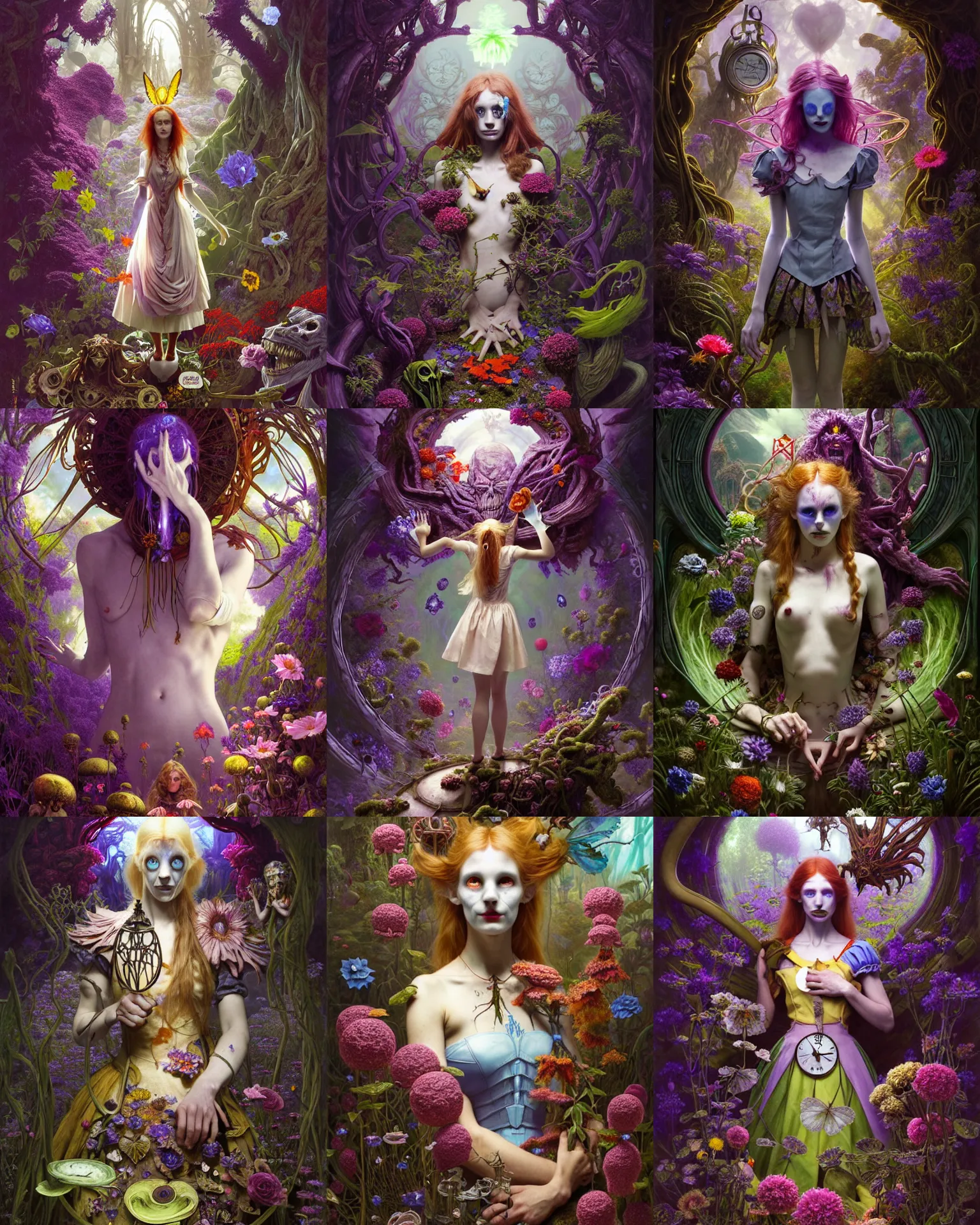 Prompt: the platonic ideal of alice in wonderland, flowers and ayahuasca cletus kasady ultimate carnage thanos dementor wild hunt doctor manhattan chtulu nazgul mandelbulb davinci, d & d, fantasy, ego death, detailed, intricate, hyperrealism, intense, scary, decay, art by artgerm and greg rutkowski and alphonse mucha