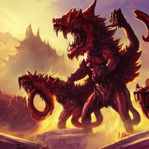 Image similar to hell cerberus, hell background, epic fantasy style, in the style of Greg Rutkowski, hearthstone artwork