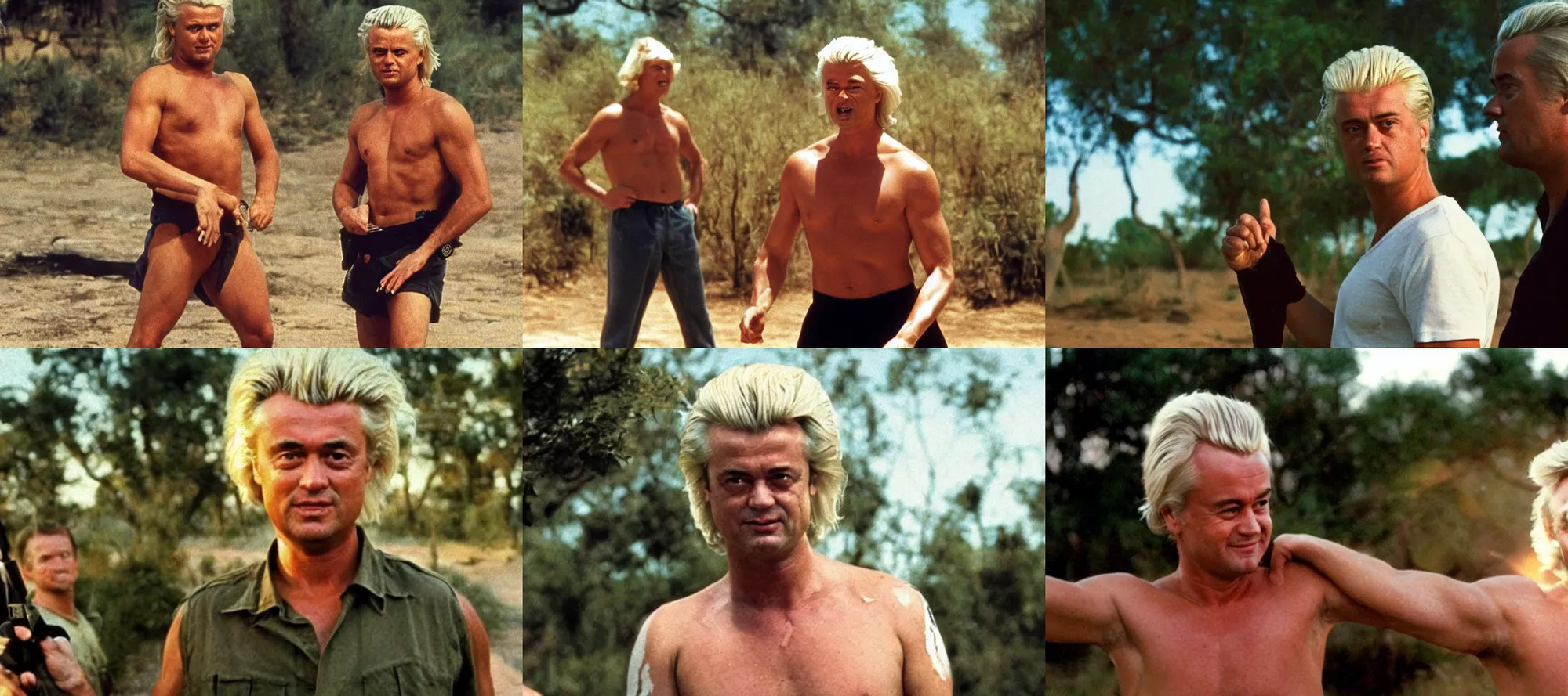 Prompt: Geert Wilders looking smirky shirtless karate stance, golden hour, Platoon 1986 by oliver stone, cinémascope, epic ultrawide shot