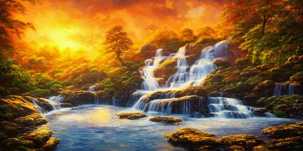 Image similar to golden hour waterfall nature landscape, matt painting, oil painting, ultra realistic, highly detailed, hd, sharp focus, cinematic lighting, warm colors, realistic, photorealistic, vivid colors, painting, non blurry, sharp, smooth, illustration