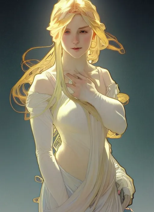 Image similar to digital character concept art by artgerm and greg rutkowski and alphonse mucha. clear portrait of a modern young wife blessed by god to uncontrollably grow overwhelmingly perfect!! blonde, in clothes! feminine well - formed holy body!! light effect. hyper detailed, glowing lights!! intricate, elegant, digital painting, artstation, smooth, sharp focus