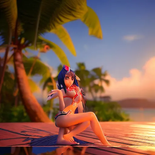 Image similar to beautiful render pool party ahri catching the sun in hawaiian beach, ocean on the horizon, pretty face, coherent, 3d render, unreal engine 5, 4k, very detailed, volumetric lighting, instagram