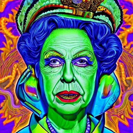 Image similar to an extremely psychedelic portrait of queen elizabeth as the riddler, surreal, lsd, face, detailed, intricate, elegant, lithe, highly detailed, digital oth, sharp focus, illustration,