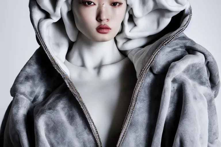 Image similar to well lit fashion shoot portrait of extremely beautiful female marble statue wearing huge over size puffer jacket by dingyun zhang, yeezy, balenciaga, vetements, a cold wall, sharp focus, clear, detailed,, cinematic, detailed, off white, glamourous, symmetrical, vogue, editorial, fashion, magazine shoot, glossy