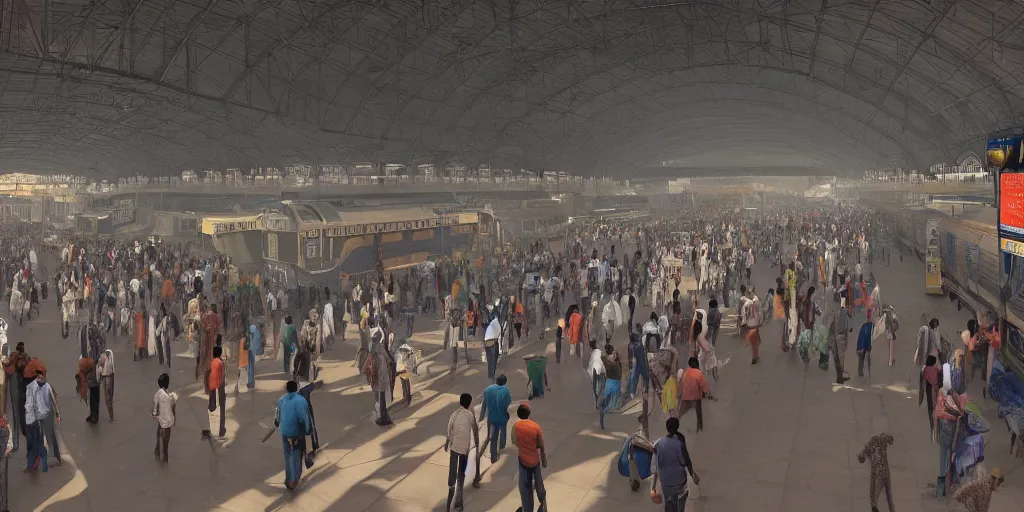 Image similar to cinematic movie scene, establishing shot, interior of an india railway station, bustling with people, sharp focus, unreal engine, octane render, aesthetic