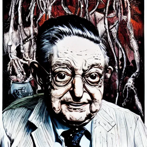 Prompt: George Soros by Ralph Steadman, illustration, body horror, biopunk