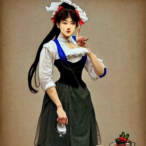 Image similar to full body painting of grumpy handsome thin beautiful young man in his 2 0 s named min - jun in a modest french female maid outfit, modern clothing, elegant, clear, painting, stylized, sharp facial features, pouty, highly detailed, art, art by alphonse mucha, trending on artstation,