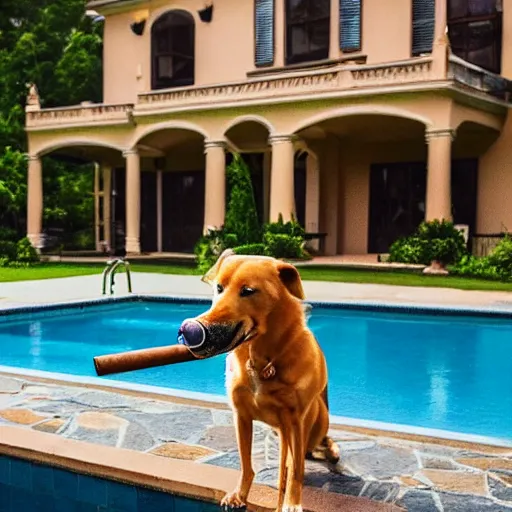 Image similar to a very detailed photo of a dog smoking a cigar outside the mansion by the pool