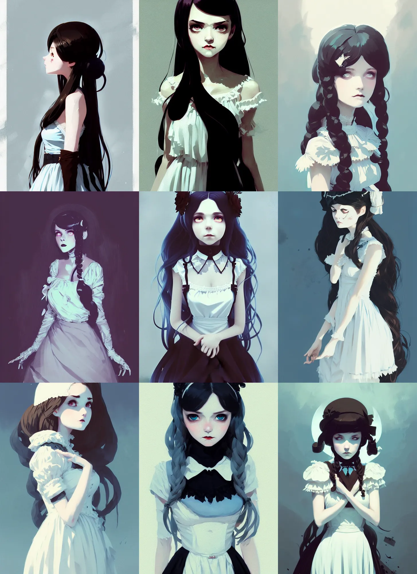 Prompt: highly detailed portrait of gothic lolita in a white dress, dark mood, by atey ghailan, by greg rutkowski, by greg tocchini, by james gilleard, by joe fenton, by kaethe butcher, gradient light blue, brown, blonde cream and white color scheme, grunge aesthetic