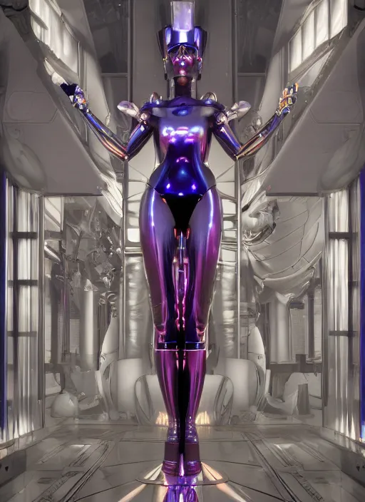 Image similar to Robotic Evil Priestess posing in front of the stars by Hajime Sorayama, octane render, ultra detailed, 4k, syd mead, moebius, alphonse mucha, dramatic lighting