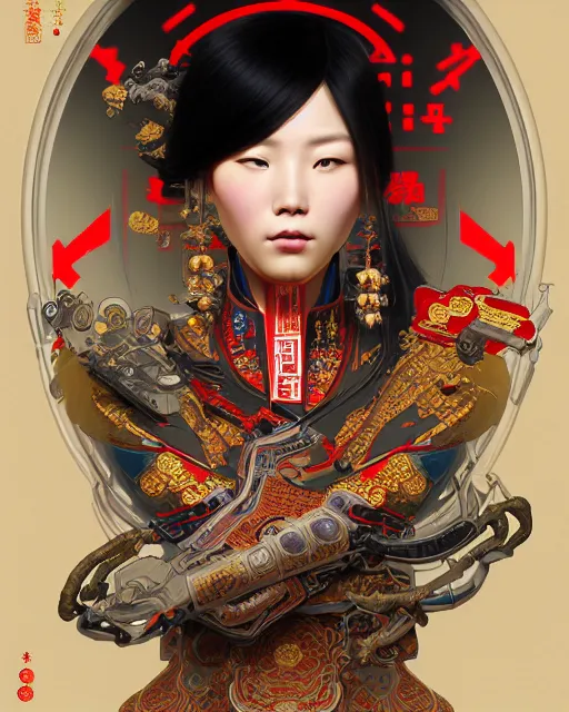 Image similar to portrait of a chinese cyberpunk machine, machine face, upper half portrait, decorated with chinese opera motifs, regal, asian, fine china, wuxia, traditional chinese art intricate intense elegant 京 剧 highly detailed digital painting artstation concept art smooth sharp focus illustration, art by artgerm and greg rutkowski alphonse mucha 8 k