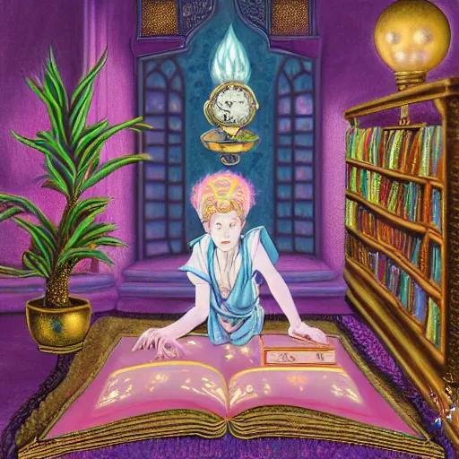 Image similar to a detailed fantasy pastel painting of a young wizard in ornate clothing lounging on a purpur pillow on the marble floor in front of her bookcase, studying an ancient tome. to the side is a potted plant and some blue candles. ancient oriental retrofuturistic setting. 4 k key art in the style yoshitaka amano. anatomically correct