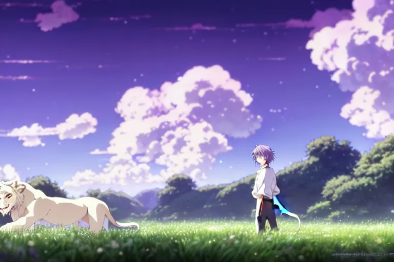 Image similar to a vast scene, panorama distant view, anime art full body portrait character concept art, hyper detailed scene render of a boy and a white lion, anime key visual of violet evergarden, finely detailed perfect face delicate features directed gaze, in the white clouds fairyland, trending on pixiv fanbox, violet evergarden, studio ghibli, james jean, extremely high quality artwork