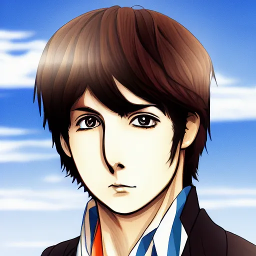 Prompt: close up anime illustration of young Paul McCartney from the Beatles, wearing a blue and white check shirt, silver sports watch, outdoors in Singapore, ufotable