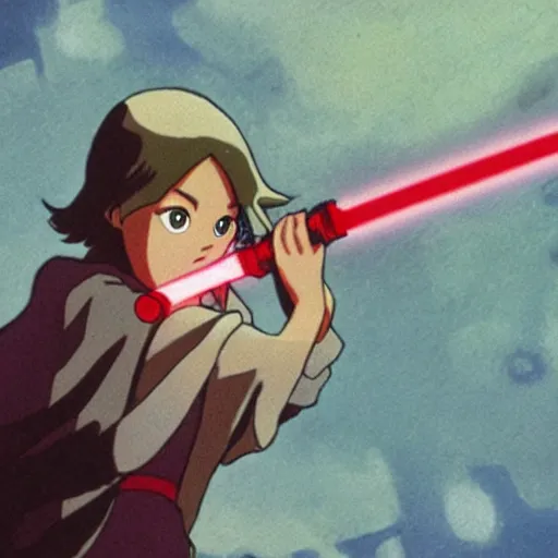 Prompt: a young jedi woman holding a lightsaber, from studio ghibli's star wars anime, sci - fi, animation