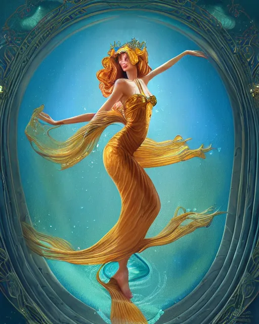 Image similar to a beautiful goldfish woman, pinup pose, long hair, tall and thin, wearing dozens of pendants and a gown of gold, small delicate crown of the sea on her head, illustration, symmetry accurate features, volumetric light clouds, ultra realist soft painting, (art nouveau), octane render, 8k, HD, by Tom Bagshaw, Brom, Charlie Bowater, faces by otto schmidt