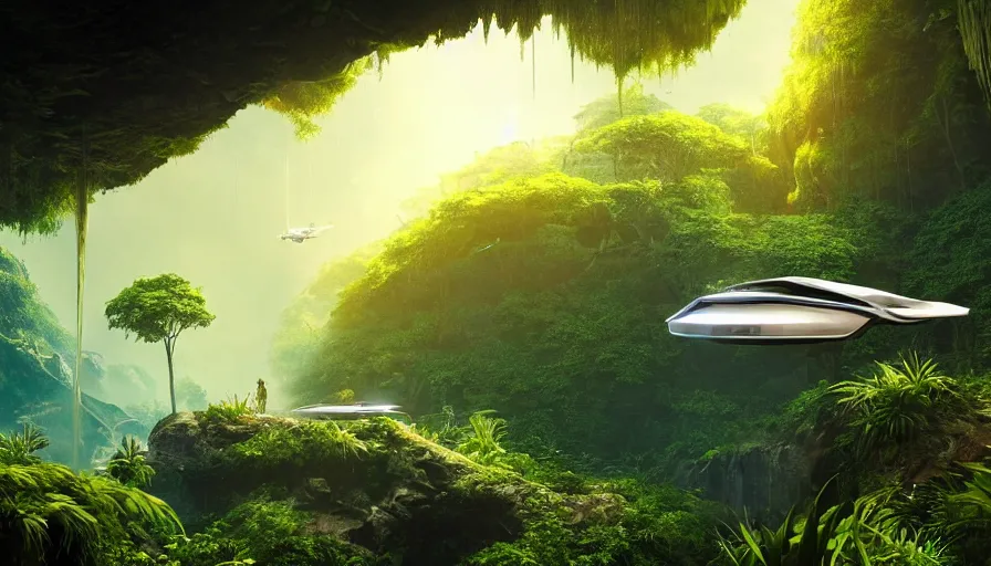 Prompt: a distant futuristic scifi flying car floating in a prehistoric jungle cave, lush flora, waterfall, sunset, hazy, volumetric lighting, rtx on, photorealistic render, great composition, very detailed