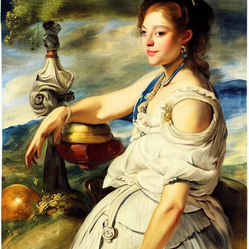 Image similar to heavenly summer sharp land sphere scallop well dressed lady standing next to a honda civic, auslese, by peter paul rubens and eugene delacroix and karol bak, hyperrealism, digital illustration, fauvist, standing next to a honda civic