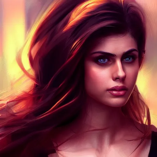 Prompt: stunning portrait of a woman who looks like a mix between Alexandra Daddario and Carmen Electra , trending on artstation, WLOP, artgerm