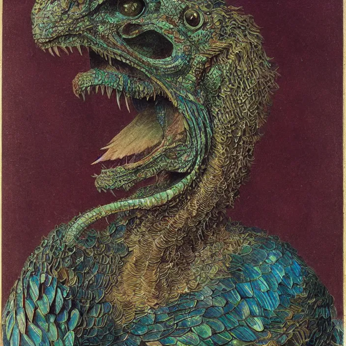 Prompt: close up portrait of an mutant monster creature with proud, reptilian allure, iridescent scales, dovish feathers, diaphanous fungic protuberances. jan van eyck, audubon