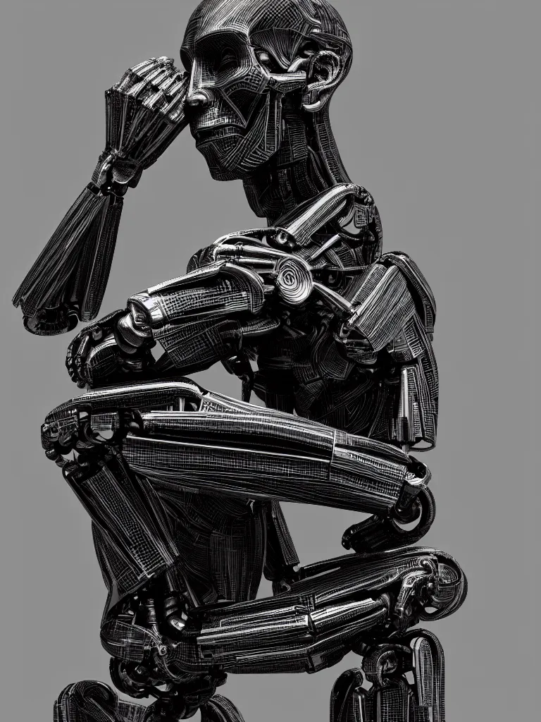 Prompt: the thinker sculpture as an I Robot, black paper, by mario feng, skulls, ray tracing, master shot, octane render, 8k, ultra hd, perfect light