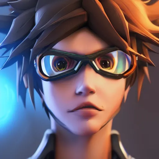 Image similar to portrait of tracer from overwatch, unreal engine 5, trending on art station