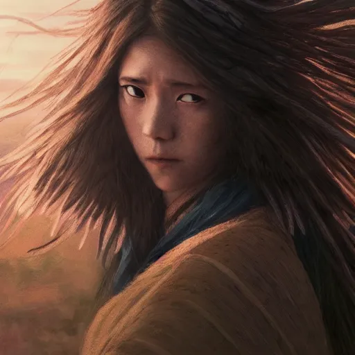 Image similar to portrait of woman, long brown hair, cloth, princess mononoke, 4 k, greg rutkowski, high detail, dramatic lighting, sunset, hayao miyazaki, masashi ando, nizou yamamoto, kazuo oga, joe hisaishi, yoji takeshige, naoya tanaka