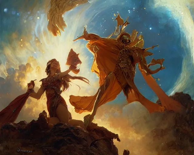 Image similar to sorceress casting powerful meteor spell in the plains. highly detailed painting by gaston bussiere, craig mullins, j. c. leyendecker 8 k