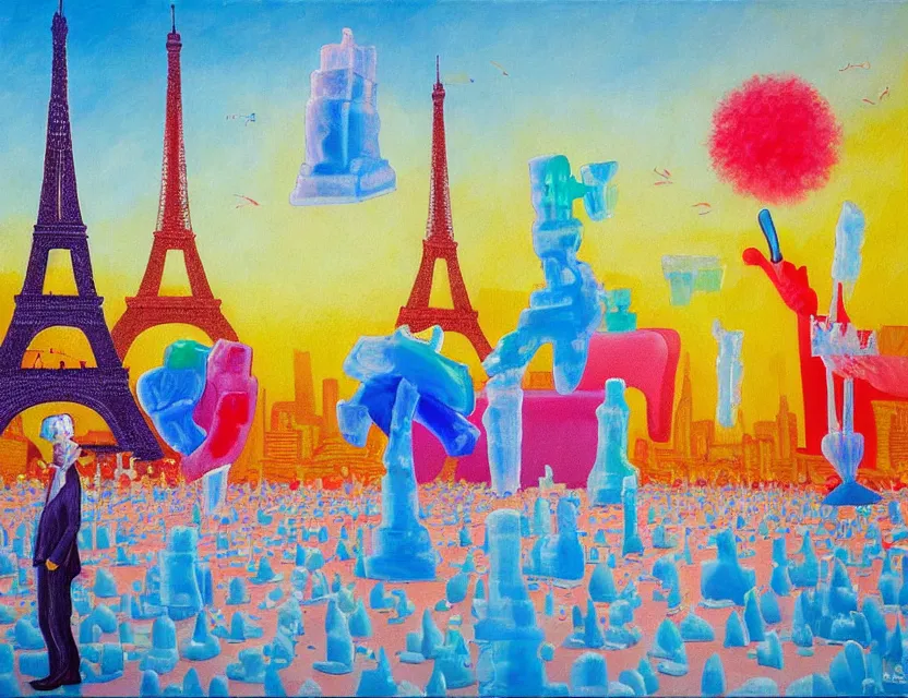 Prompt: a funny impressionistic painting of ice sculptures made of colorful icecream in the shape of the skyline of paris with eiffel tower on a very sunny summer day, very hot and the ice is melting fast and people are swimming their way through in the icecream in the style of james jean and fernando botero