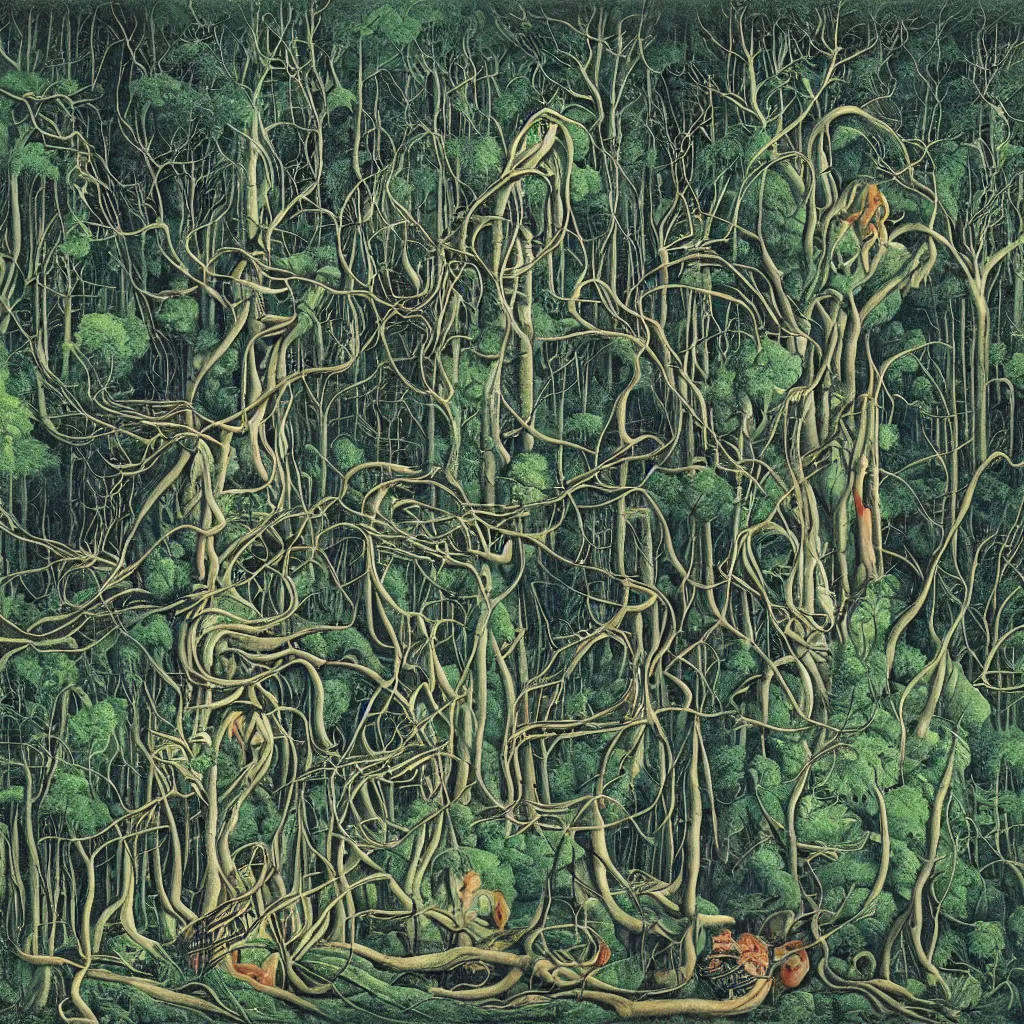 Prompt: a highly detailed album cover for electric forestry of a dense forest by bosch, by giger, by beardsley, lush greenery and electricity coming down to treetop transformers from storm clouds in a vivid blue sky, psychedelic color scheme