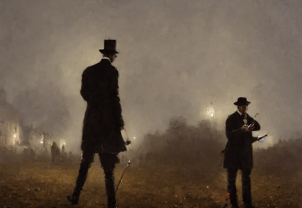 Image similar to victorian man smoking a cigarette, jakub rozalski, high detail, dramatic lighting, night