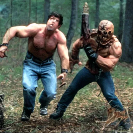 Image similar to a xenonorph fighting jason vorhees, movie still