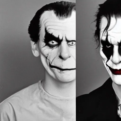 Prompt: 1960 black and white mug shot of The Joker and Harley Quinn