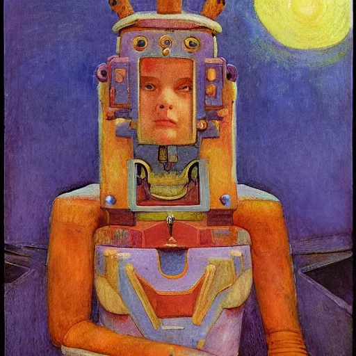 Image similar to the little robot queen in her regalia, by annie swynnerton and alayna danner and diego rivera and nicholas roerich, symbolist, dramatic lighting, elaborate geometric ornament, smooth, sharp focus, extremely detailed, adolf wolfli, soft pastel colors