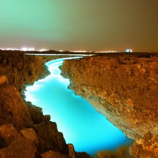 Image similar to A Body Of water, electric blue, electricity, darkness, evening, flash photography, Geological Phenomenon in the distance