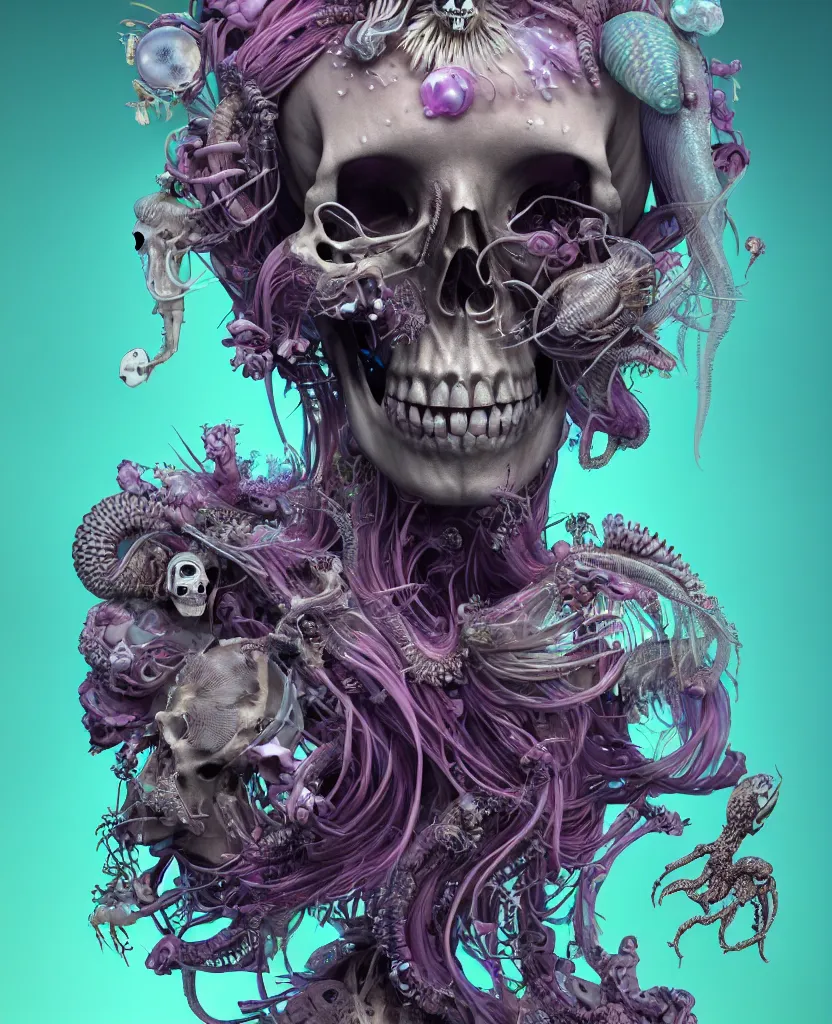 Image similar to goddess close-up portrait skull with mohawk, ram skull, skeleton, thorax, x-ray, backbone, jellyfish phoenix head, nautilus, orchid, skull, betta fish, bioluminiscent creatures, intricate artwork by Tooth Wu and wlop and beeple. octane render, trending on artstation, greg rutkowski very coherent symmetrical artwork. cinematic, hyper realism, high detail, octane render, 8k