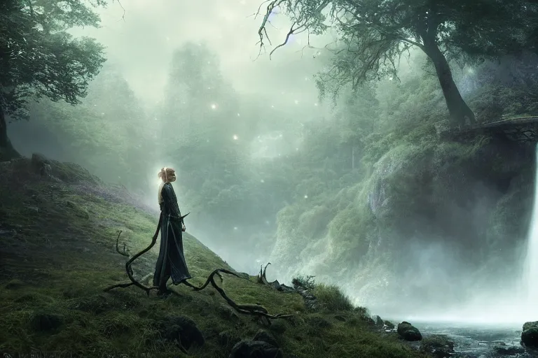 Prompt: an ultra realistic, cinematic, fantasy portrait, of an elden ring elf, fairy lights, facial features, background of a vast serene landscape, with trees and waterfalls, detailed, deep focus, movie still, dramatic lighting, ray tracing, by michal karcz and yoshitaka amano