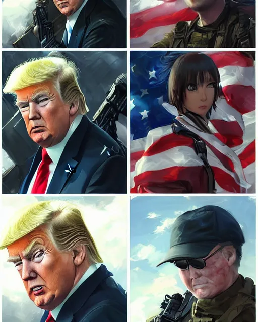 Image similar to donald trump wearing tactical gear, very anime, fine - face, donald trump, realistic shaded perfect face, fine details. anime. studio ghibli, magali villeneuve, artgerm, jeremy lipkin and michael garmash and rob rey
