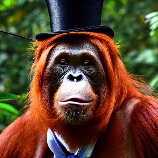 Image similar to professional portrait of an orangutan wearing a black suit a top hat and a monocle smoking a cigar in the Central Park Zoo, 8k, detailed
