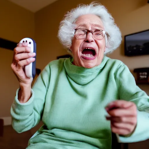 Prompt: elderly woman screaming at a nintendo switch, canon eos r 3, f / 1. 4, iso 2 0 0, 1 / 1 6 0 s, 8 k, raw, unedited, symmetrical balance, wide angle