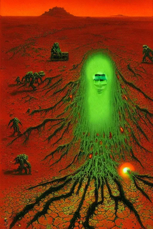 Image similar to glowing green alien crystals irradiating zombie infested, orange and red martian wasteland, survival post - apocalyptic, curiosity rover, beksinski, dark sci - fi