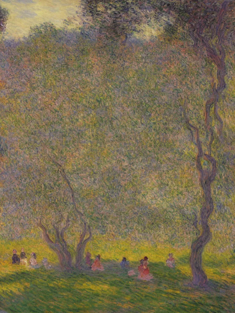 Prompt: gauzy impressionist painting of my backyard with an old apple tree with people! dancing at dusk, reddish light long shadows, color oil painting by claude monet and piet mondrian, cosmic trending on artstation 8 k